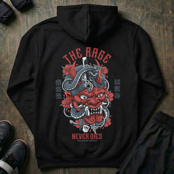 The Rage Never Dies - Hannya Mask - on Black Pullover Hoodie - Conquering Barbell