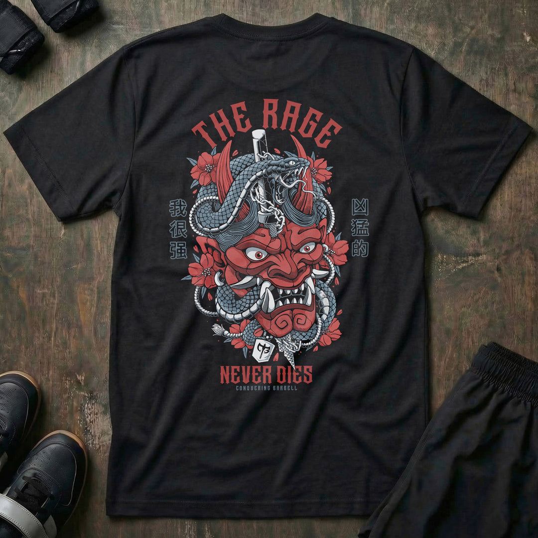 The Rage Never Dies - Hannya Mask Powerlifting Tee - Conquering Barbell