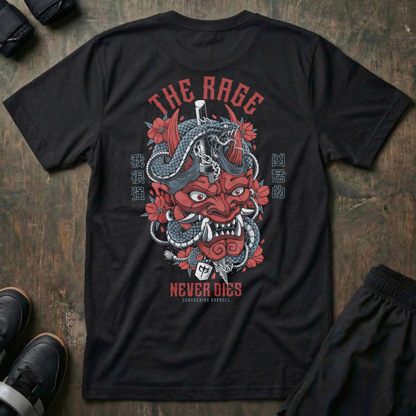 The Rage Never Dies Hannya Mask tee in Black: a fierce red hannya mask wrapped in a coiling grey serpent
