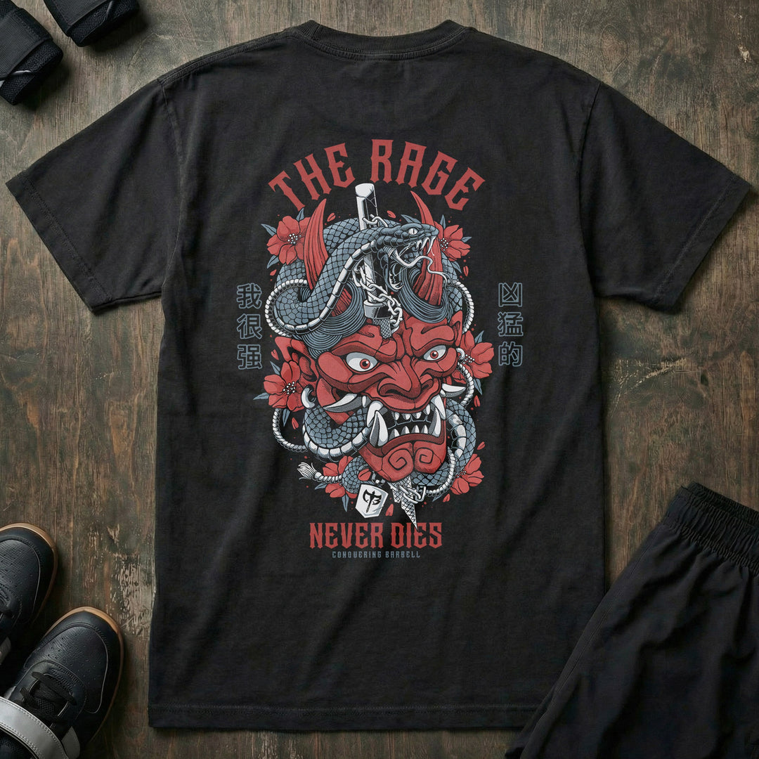 The Rage Never Dies Hannya Mask relaxed fit tee in Black: a fierce red Hannya mask with serpents coiled through it