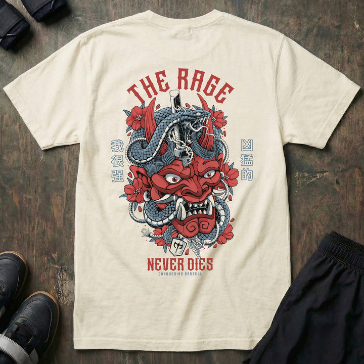 The Rage Never Dies relaxed fit tee in Ivory: a fierce red Hannya mask with serpents coiled through it