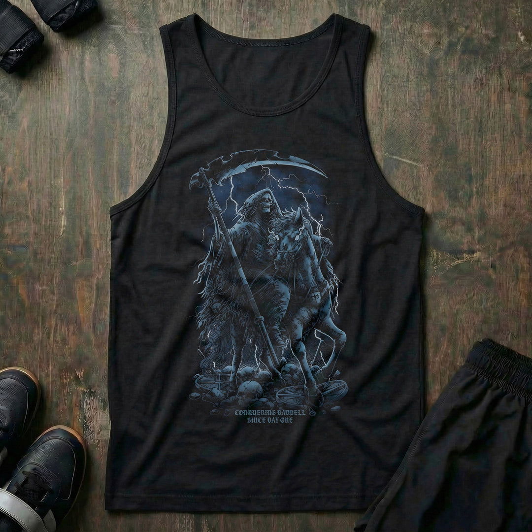 The Reaper tank top in Black: a haunting reaper riding a powerful horse