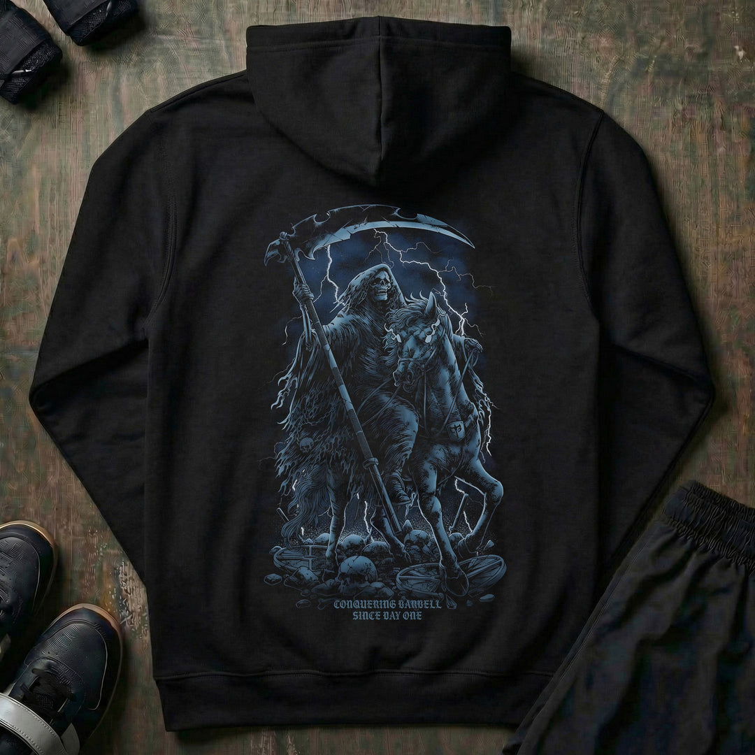 The Reaper pullover hoodie in Black: a haunting reaper riding a powerful horse