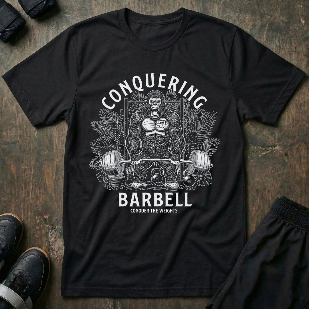 The Silverback tee in Black: a jacked gorilla ripping a heavy barbell in front of a jungle rack