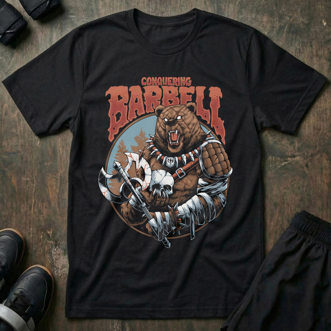 The Warrior Bear tee in Black: an armored grizzly viking warrior wielding twin axes with a skull at his belt