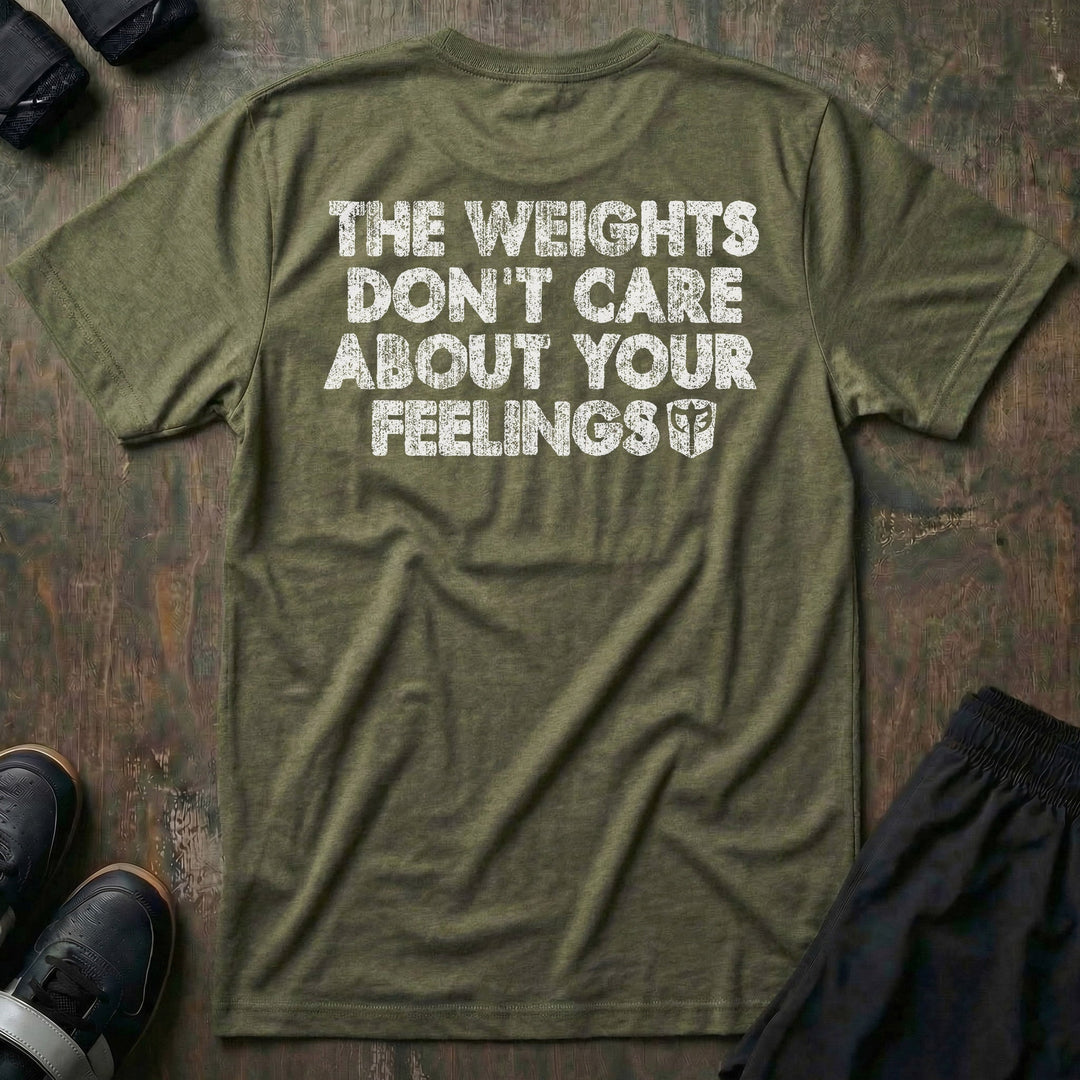 The weights don't care about your feelings tee in Military Green: THE WEIGHTS DON'T CARE ABOUT YOUR FEELINGS