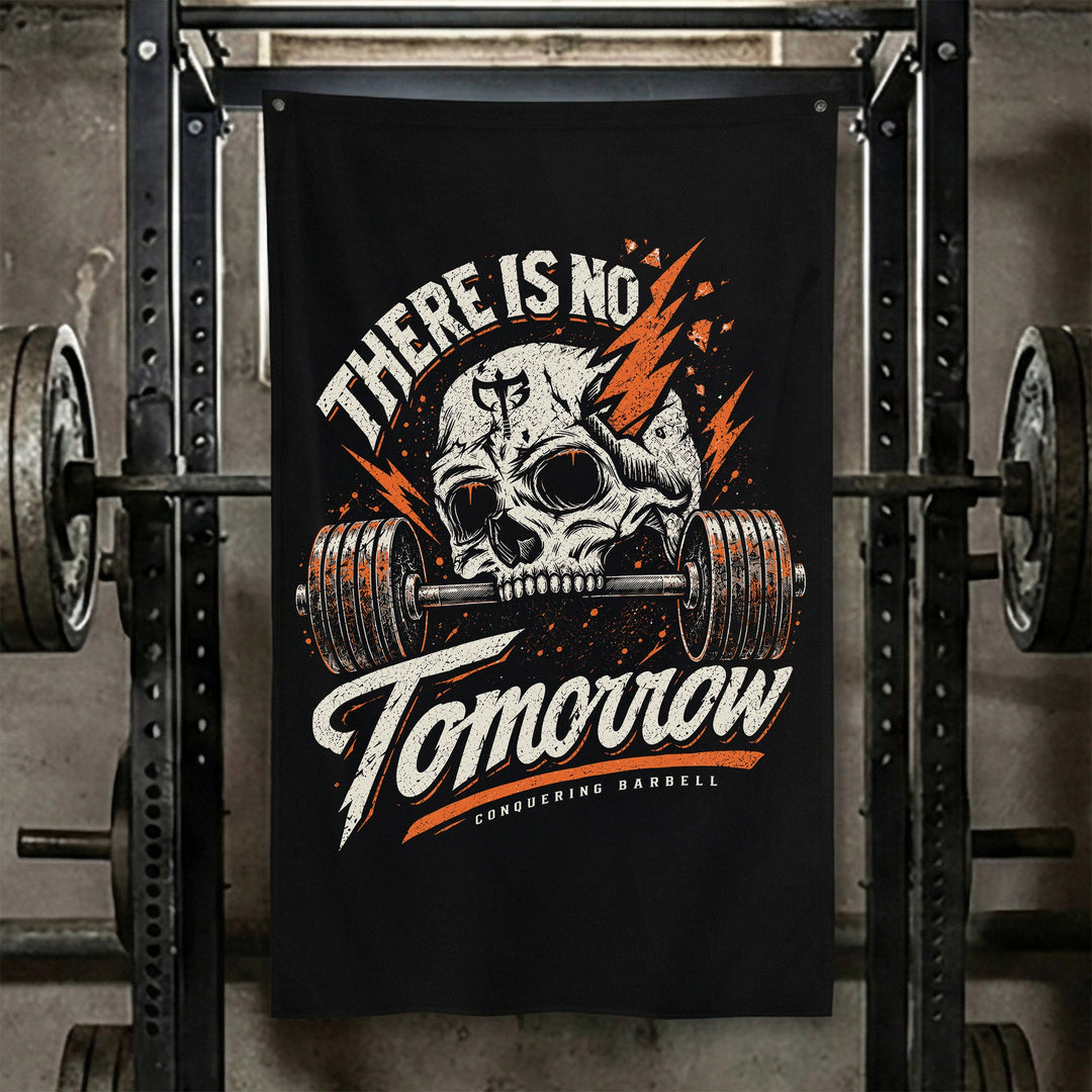 There is No Tomorrow - Polyester Flag, vertical black gym flag with skull biting a loaded barbell between orange lightning - Conquering Barbell