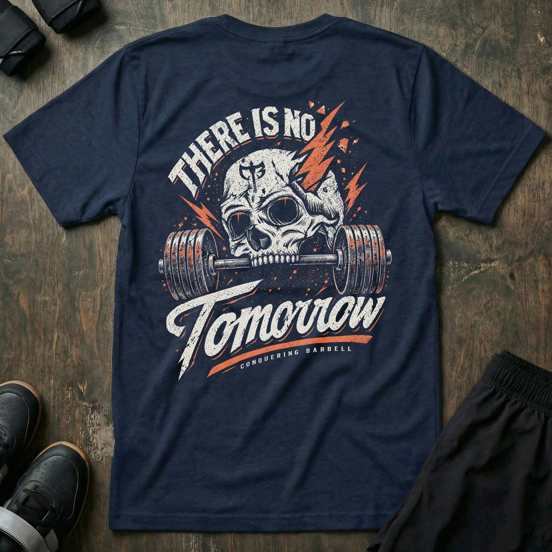 There is No Tomorrow tee in Navy: a cracked skull biting down on a loaded barbell between orange lightning bolts