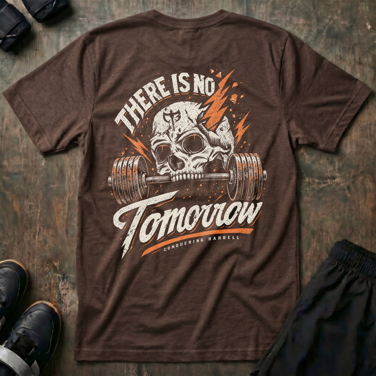 There is No Tomorrow tee in Expresso: a cracked skull biting down on a loaded barbell between orange lightning bolts