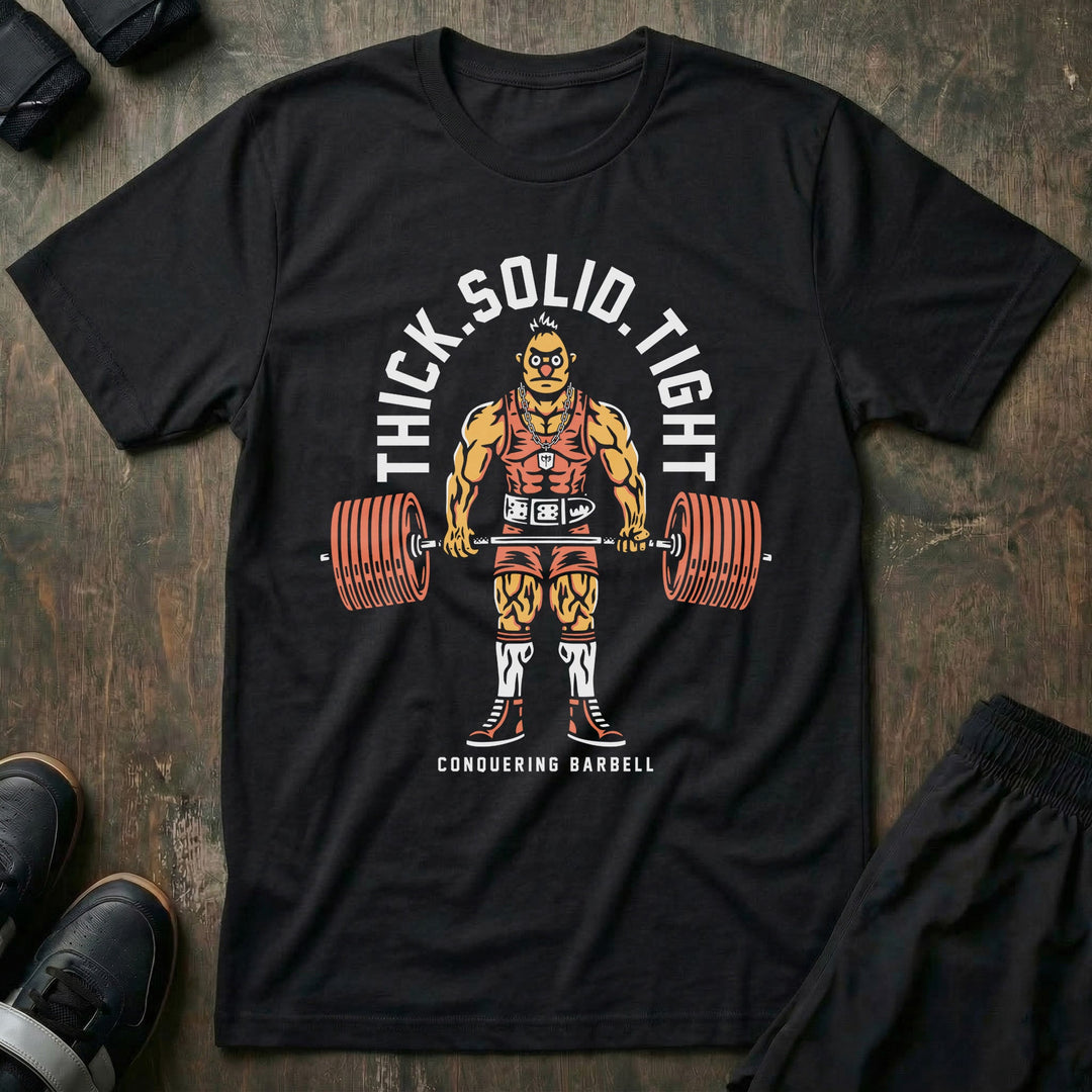 Thick Solid Tight tee in Black: a mustached strongman in a singlet pulling a red barbell