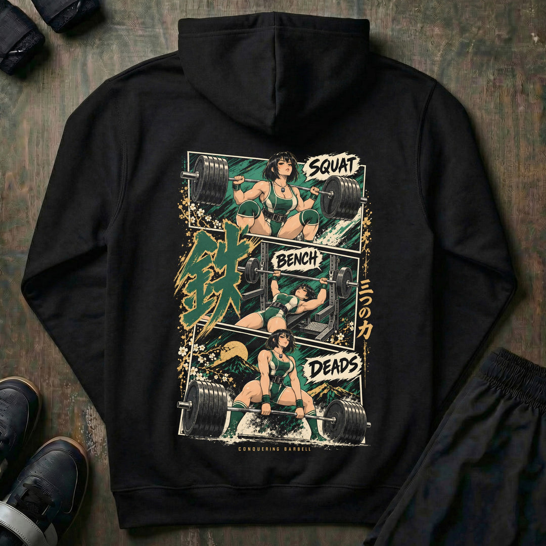 Three Powers pullover hoodie in Black: three manga panels of an anime lifter hitting the squat, bench and deadlift
