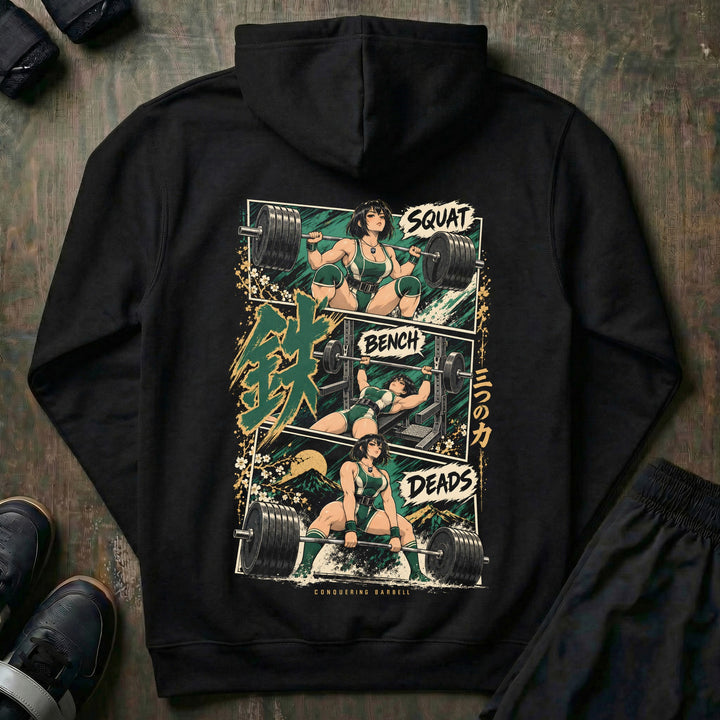 Three Powers pullover hoodie in Black: three manga panels of an anime lifter hitting the squat, bench and deadlift