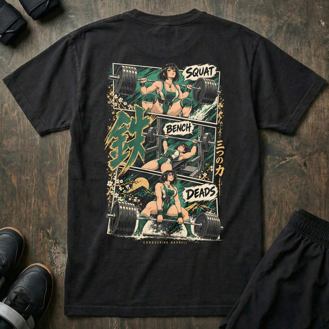 Three Powers relaxed fit tee in Black: three manga panels of an anime lifter hitting the squat, bench and deadlift