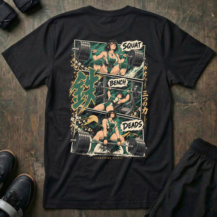 Three Powers tee in Black: three manga panels of an anime lifter hitting the squat, bench and deadlift