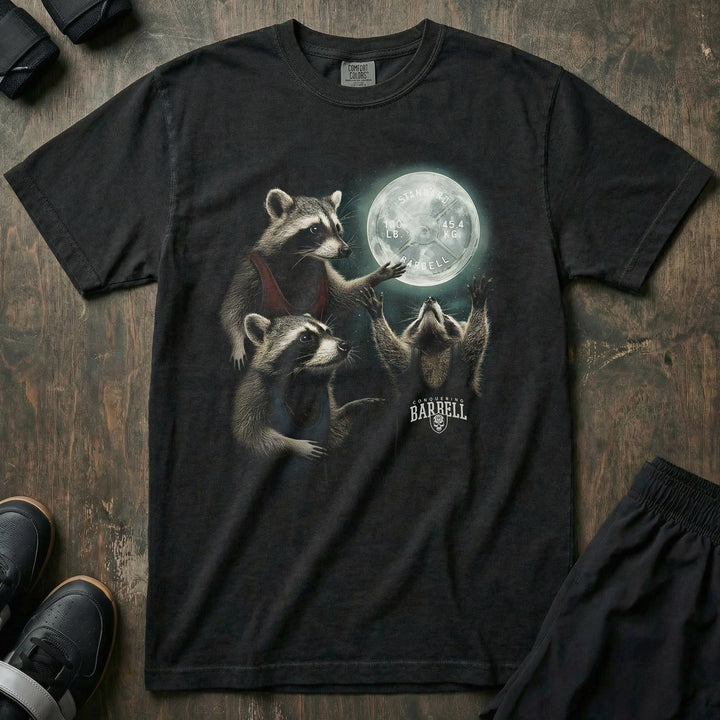 Three Raccoons &amp; The Hunnit relaxed fit tee in Black: a trio of trash-pandas worshiping a glowing 100 lb plate