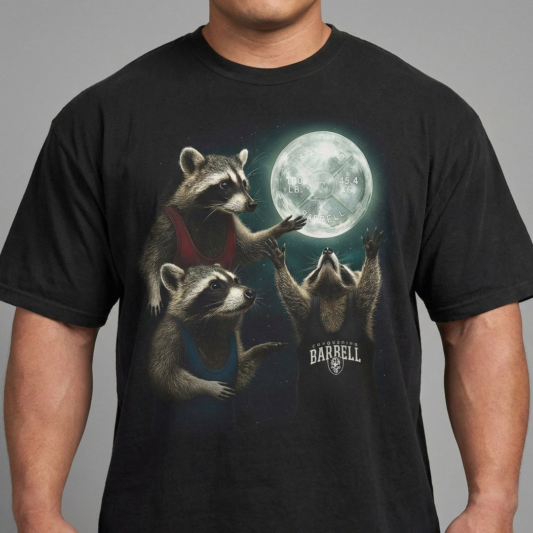 Three Raccoons &amp; The Hunnit relaxed fit tee in Black: a trio of trash-pandas worshiping a glowing 100 lb plate
