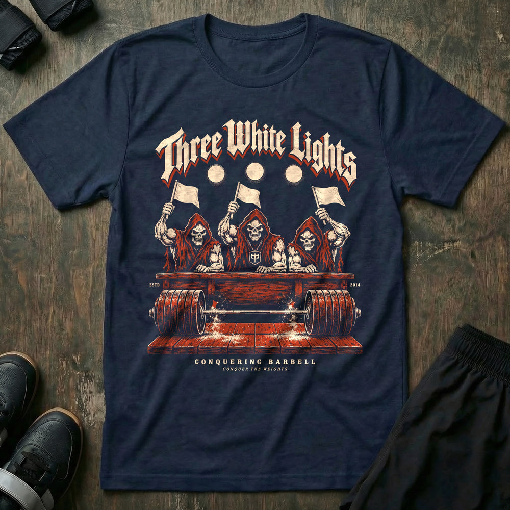 Three White Lights - Tee front graphic in Navy with three reaper judges raising white flags over a loaded barbell - Conquering Barbell