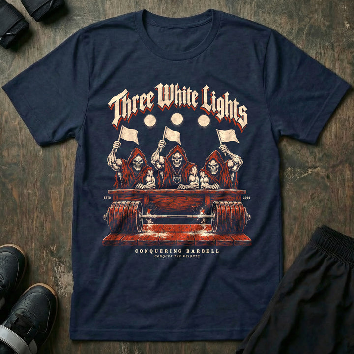 Three White Lights - Tee front graphic in Navy with three reaper judges raising white flags over a loaded barbell - Conquering Barbell