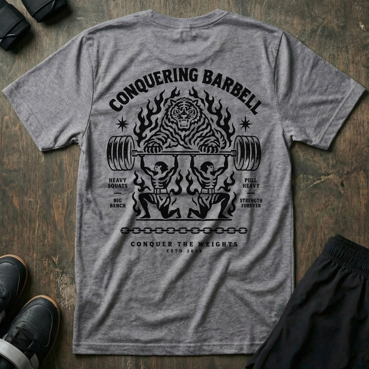Throne Bearers tee in Heather Grey: two jacked lifters on their knees bearing a loaded barbell overhead