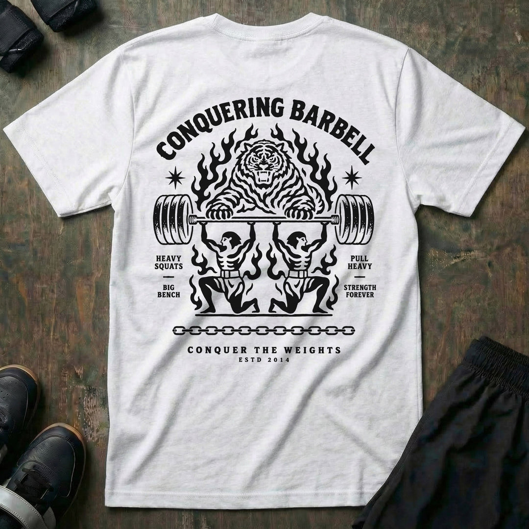Throne Bearers tee in White: two jacked lifters on their knees bearing a loaded barbell overhead