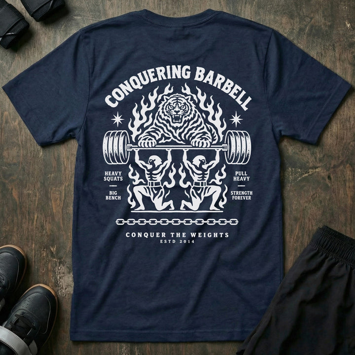 Throne Bearers tee in Navy: two jacked lifters on their knees bearing a loaded barbell overhead