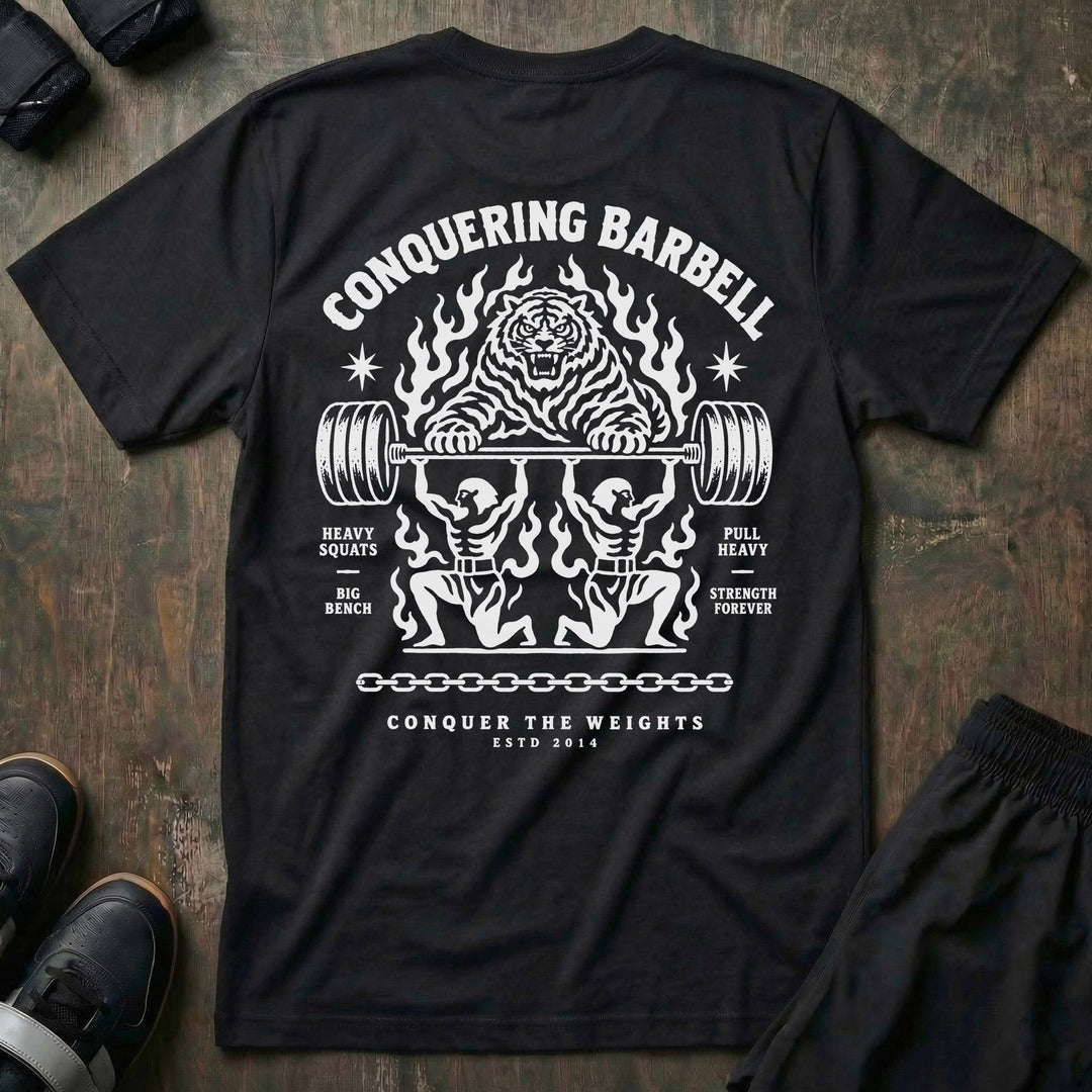 Throne Bearers tee in Black: two jacked lifters on their knees bearing a loaded barbell overhead