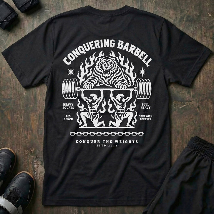 Throne Bearers tee in Black: two jacked lifters on their knees bearing a loaded barbell overhead