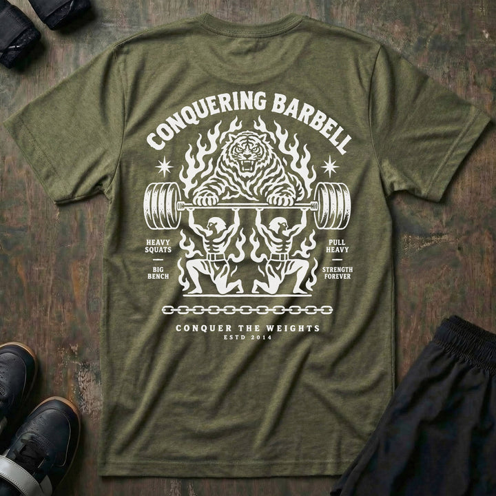 Throne Bearers tee in Military: two jacked lifters on their knees bearing a loaded barbell overhead