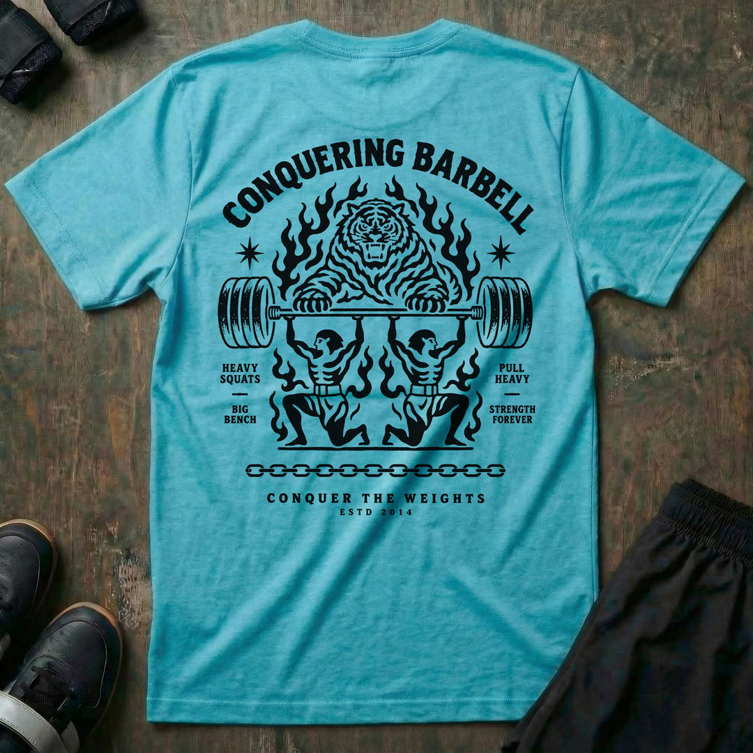 Throne Bearers tee in Tahiti: two jacked lifters on their knees bearing a loaded barbell overhead