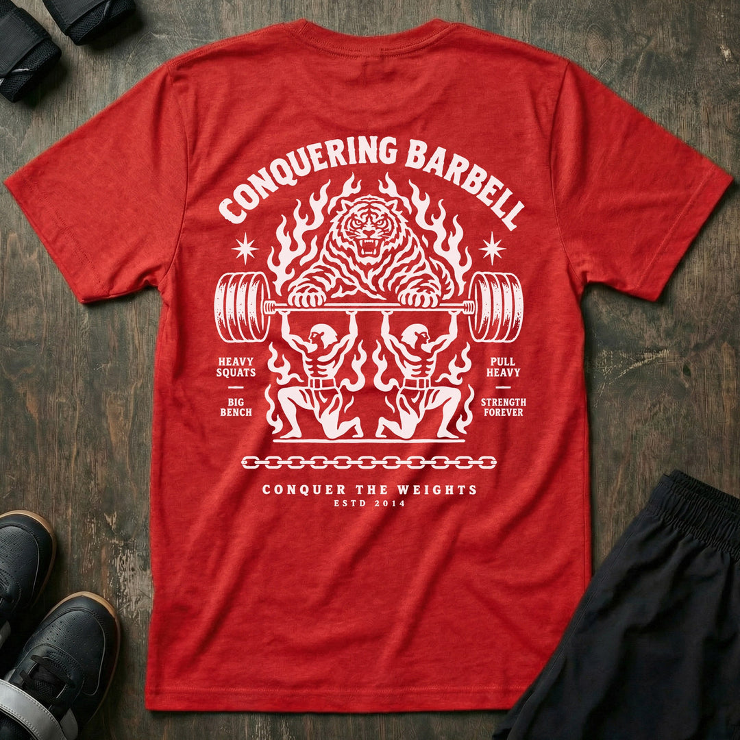 Throne Bearers tee in Red: two jacked lifters on their knees bearing a loaded barbell overhead