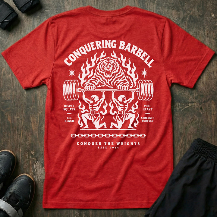 Throne Bearers tee in Red: two jacked lifters on their knees bearing a loaded barbell overhead