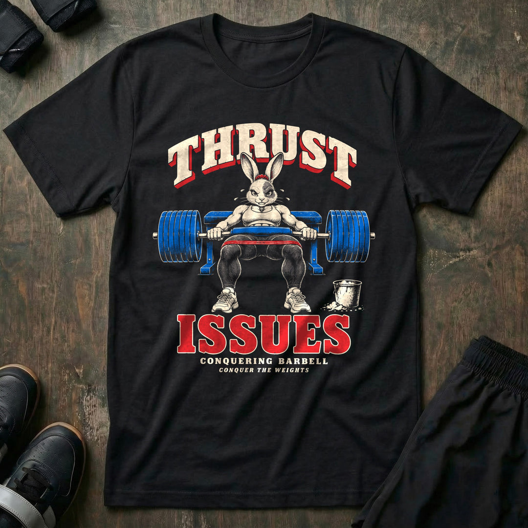 Thrust Issues - Tee front graphic in Black with a fit bunny doing a heavy barbell hip thrust off a bench - Conquering Barbell