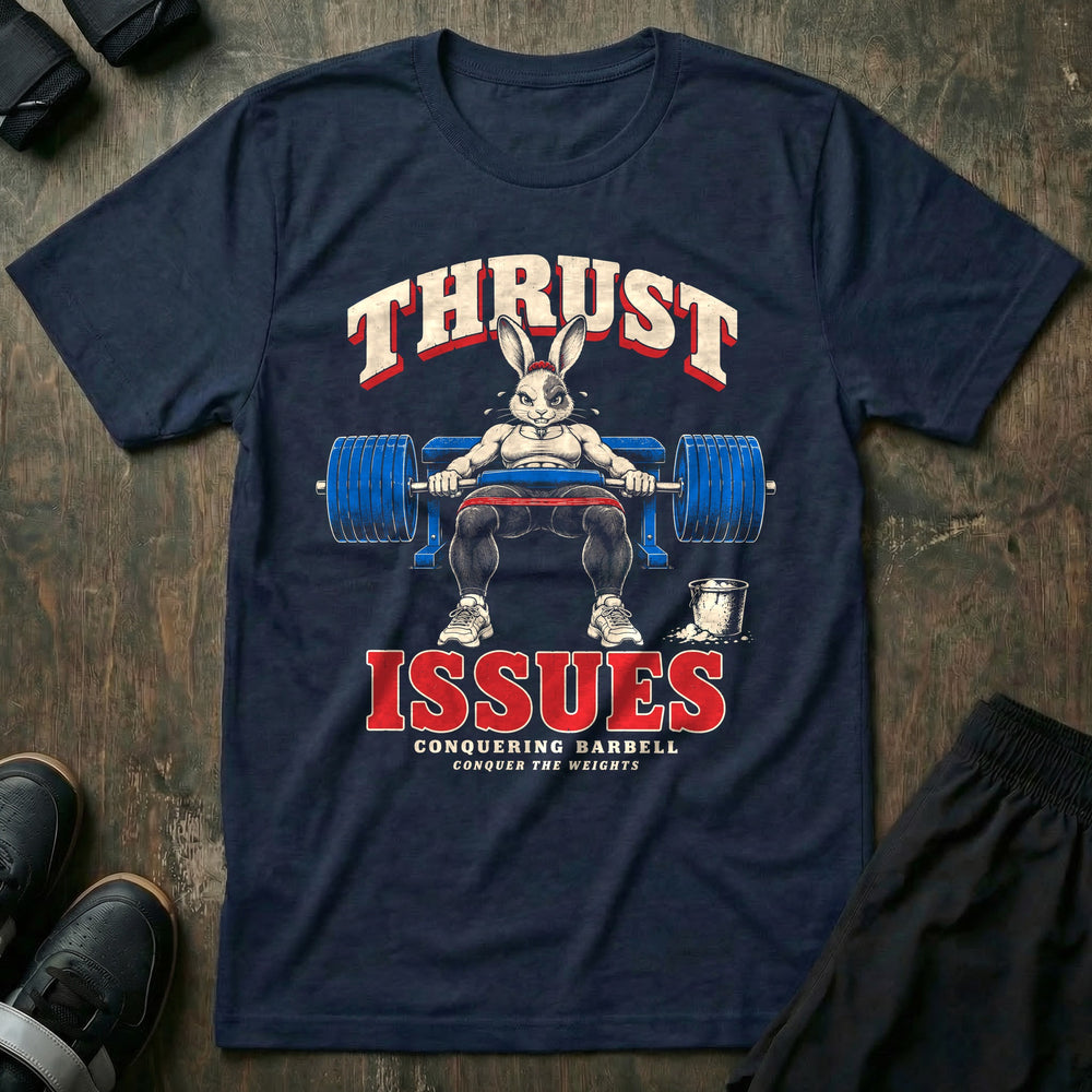 Thrust Issues - Tee front graphic in Navy with a fit bunny doing a heavy barbell hip thrust off a bench - Conquering Barbell