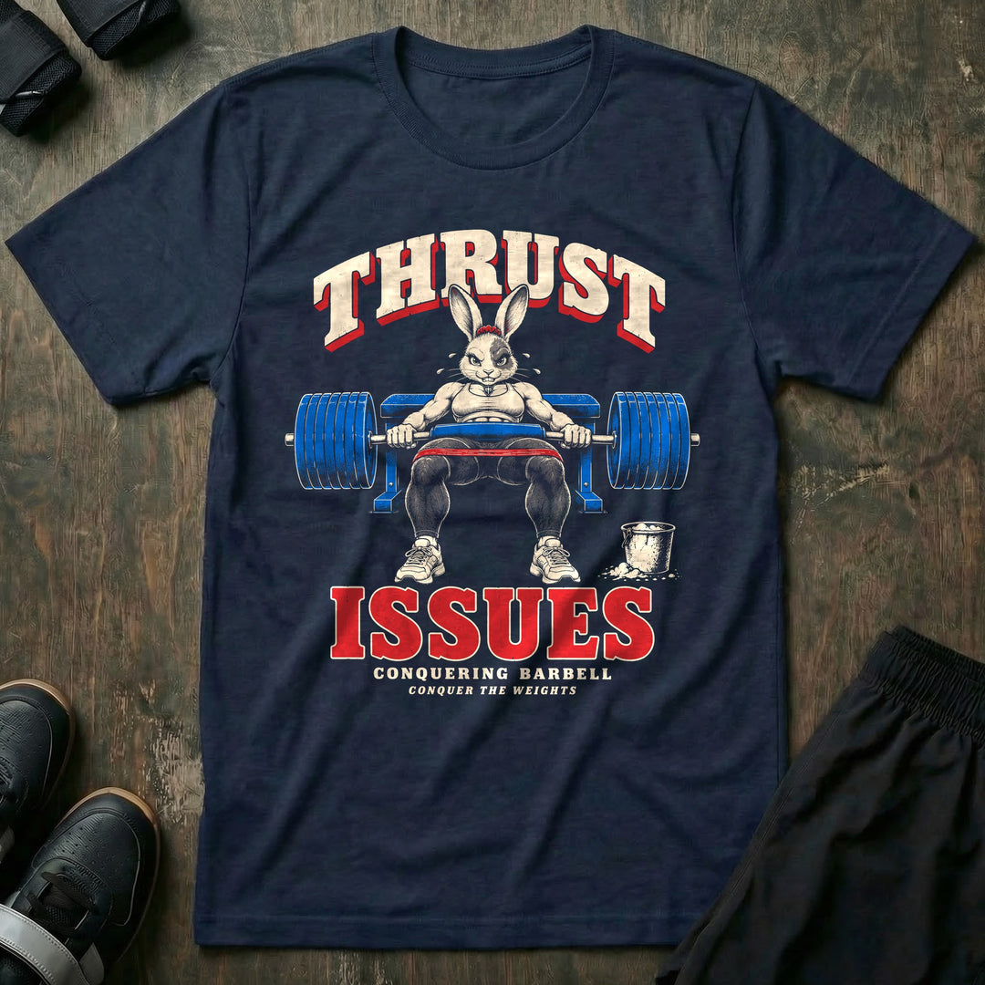 Thrust Issues - Tee front graphic in Navy with a fit bunny doing a heavy barbell hip thrust off a bench - Conquering Barbell