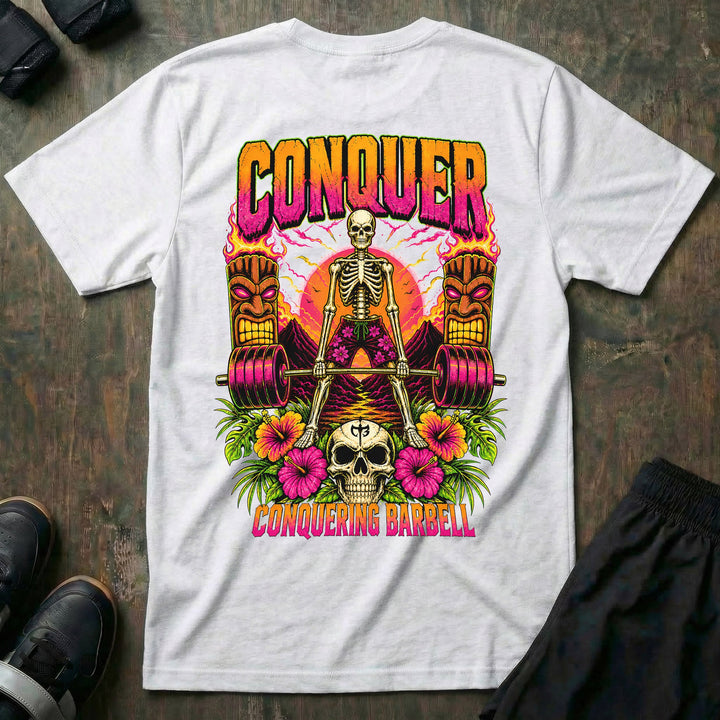 Tiki Power tee in White: a skeleton deadlifting a loaded barbell between two flaming tiki torches against a tropical sunset