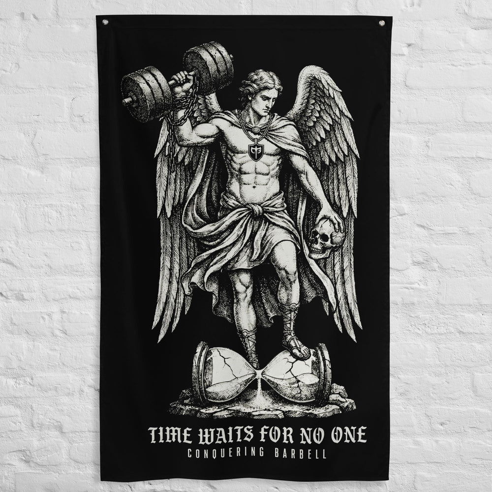 Time Waits For No One - Polyester Flag, vertical gym flag hanging in a home gym - Conquering Barbell