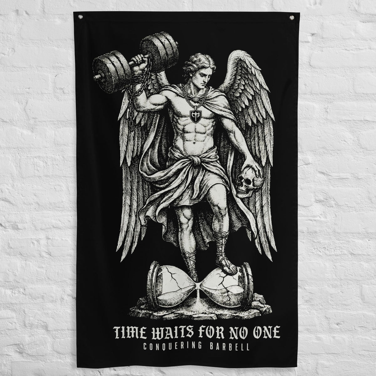 Time Waits For No One - Polyester Flag, vertical gym flag hanging in a home gym - Conquering Barbell
