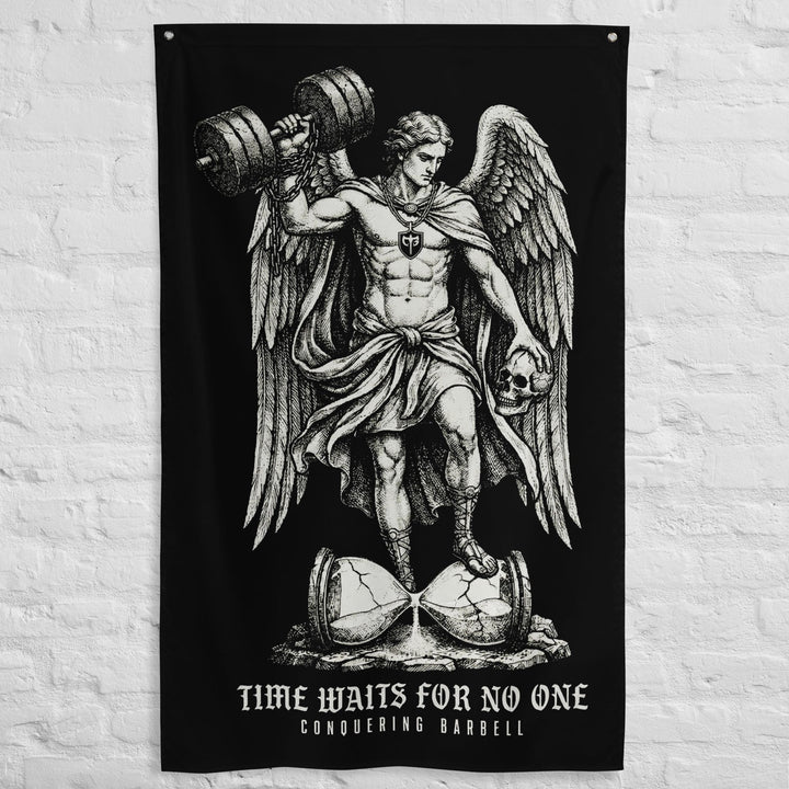 Time Waits For No One - Polyester Flag, vertical gym flag hanging in a home gym - Conquering Barbell