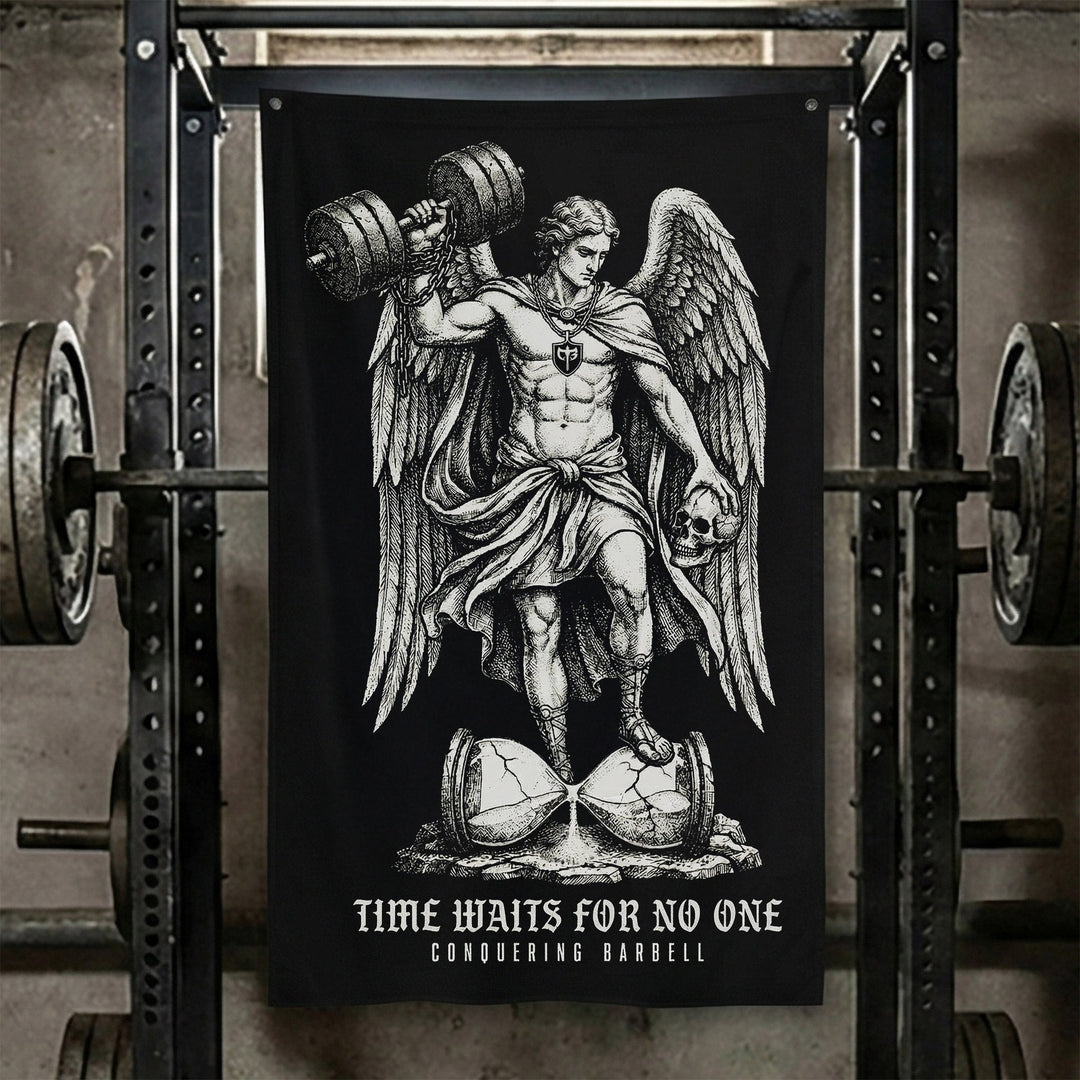 Time Waits For No One - Polyester Flag, vertical black gym flag with winged figure pressing a dumbbell on an hourglass - Conquering Barbell