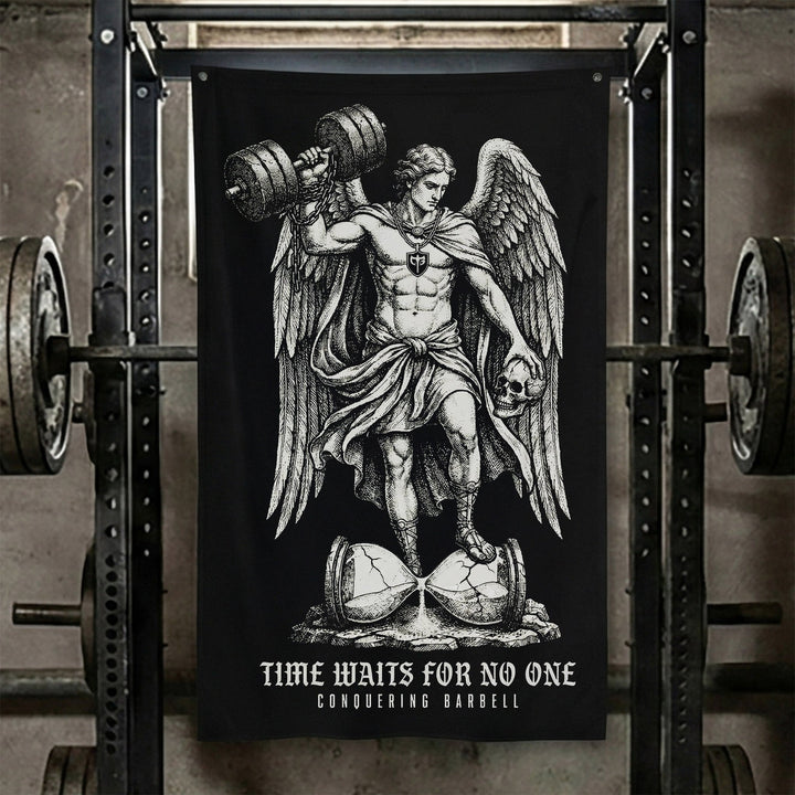 Time Waits For No One - Polyester Flag, vertical black gym flag with winged figure pressing a dumbbell on an hourglass - Conquering Barbell