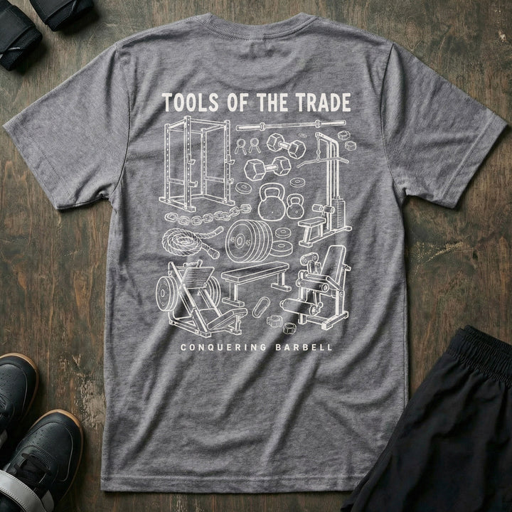 Tools of the Trade tee in Heather Grey: a detailed vintage sketch of a power rack
