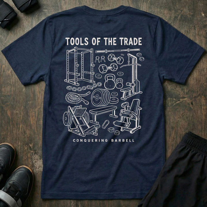 Tools of the Trade tee in Navy: a detailed vintage sketch of a power rack