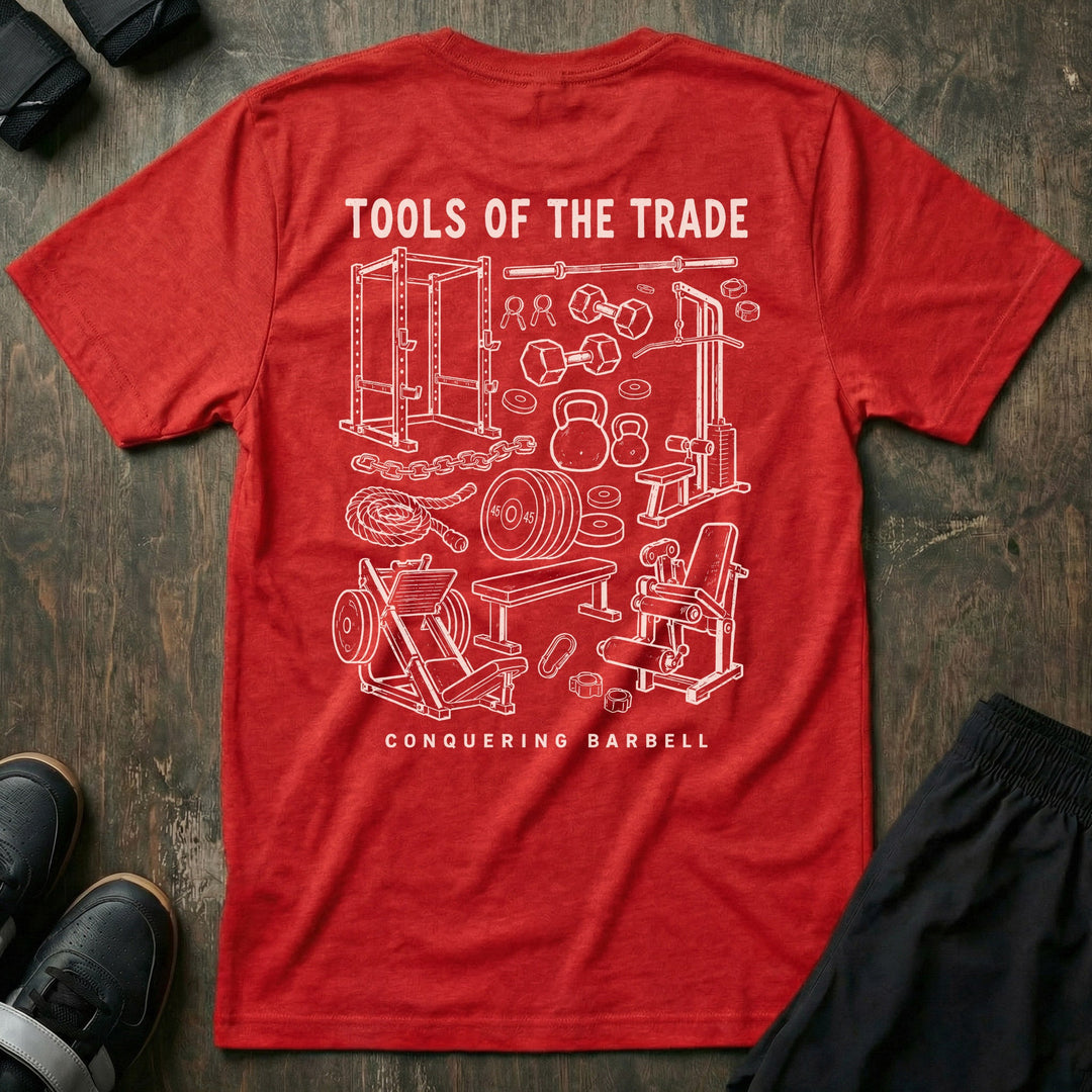 Tools of the Trade tee in Red: a detailed vintage sketch of a power rack