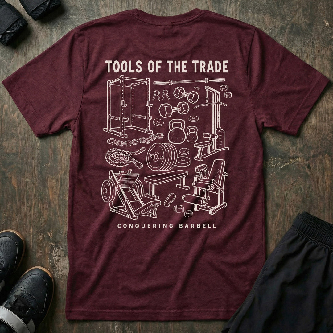 Tools of the Trade tee in Maroon: a detailed vintage sketch of a power rack