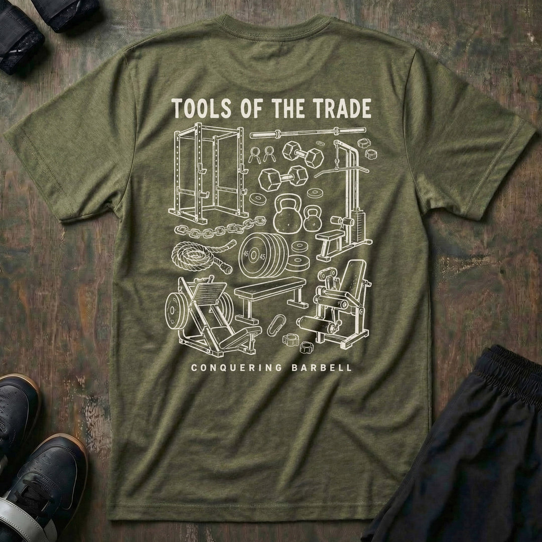 Tools of the Trade tee in Military: a detailed vintage sketch of a power rack