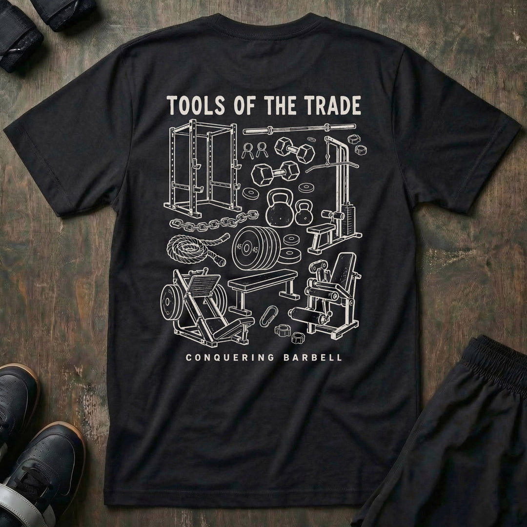 Tools of the Trade tee in Black: a detailed vintage sketch of a power rack