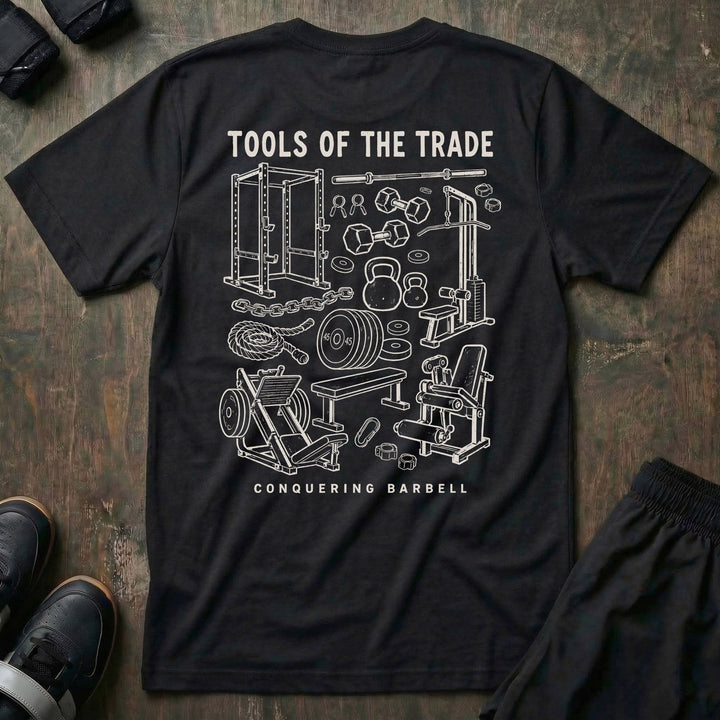 Tools of the Trade tee in Black: a detailed vintage sketch of a power rack