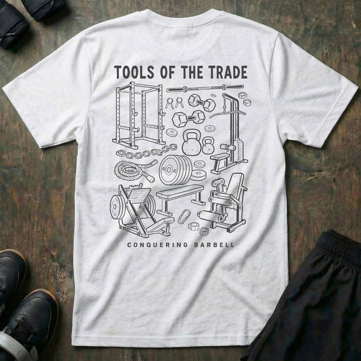 Tools of the Trade tee in White: a detailed vintage sketch of a power rack
