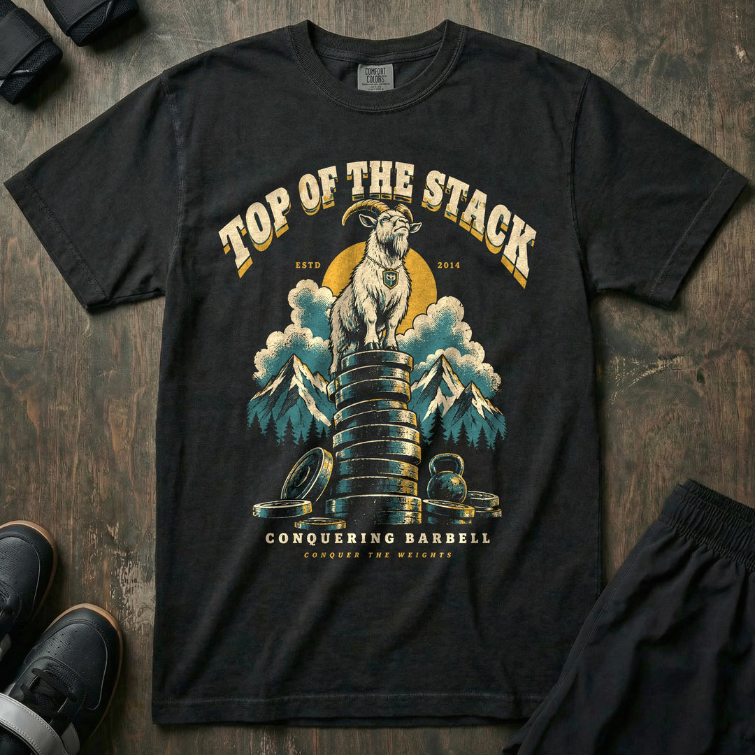 Top of the Stack - Relaxed Fit Tee front graphic in Black with a mountain goat standing on a tall stack of weight plates above the clouds - Conquering Barbell