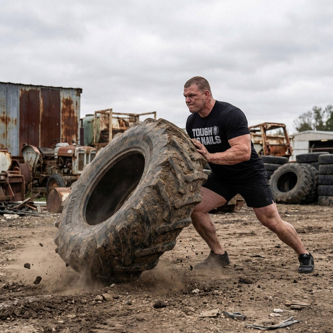 Tough as Nails tee in Black: TOUGH AS NAILS in bold distressed block letters beside a skull shield